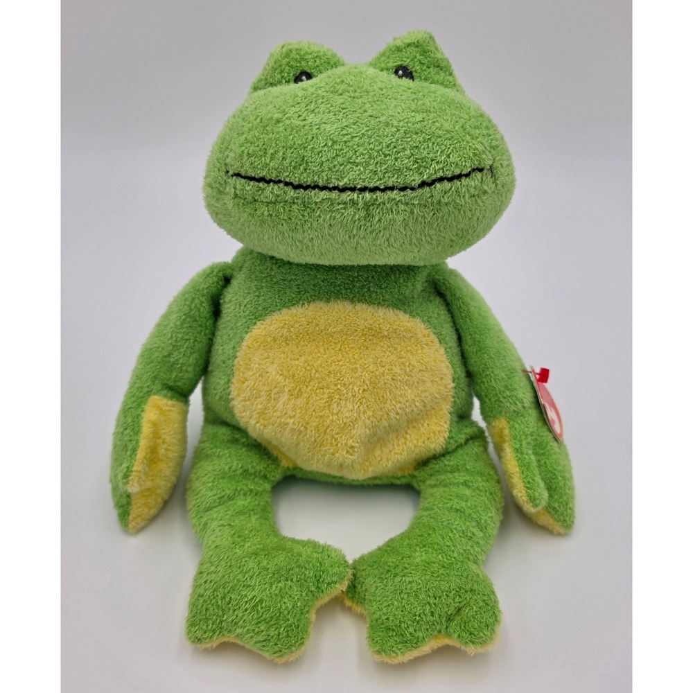 Ty Pluffies Ponds Frog Green Yellow Plush Stuffed Toy 2007 Machine Washable 11"